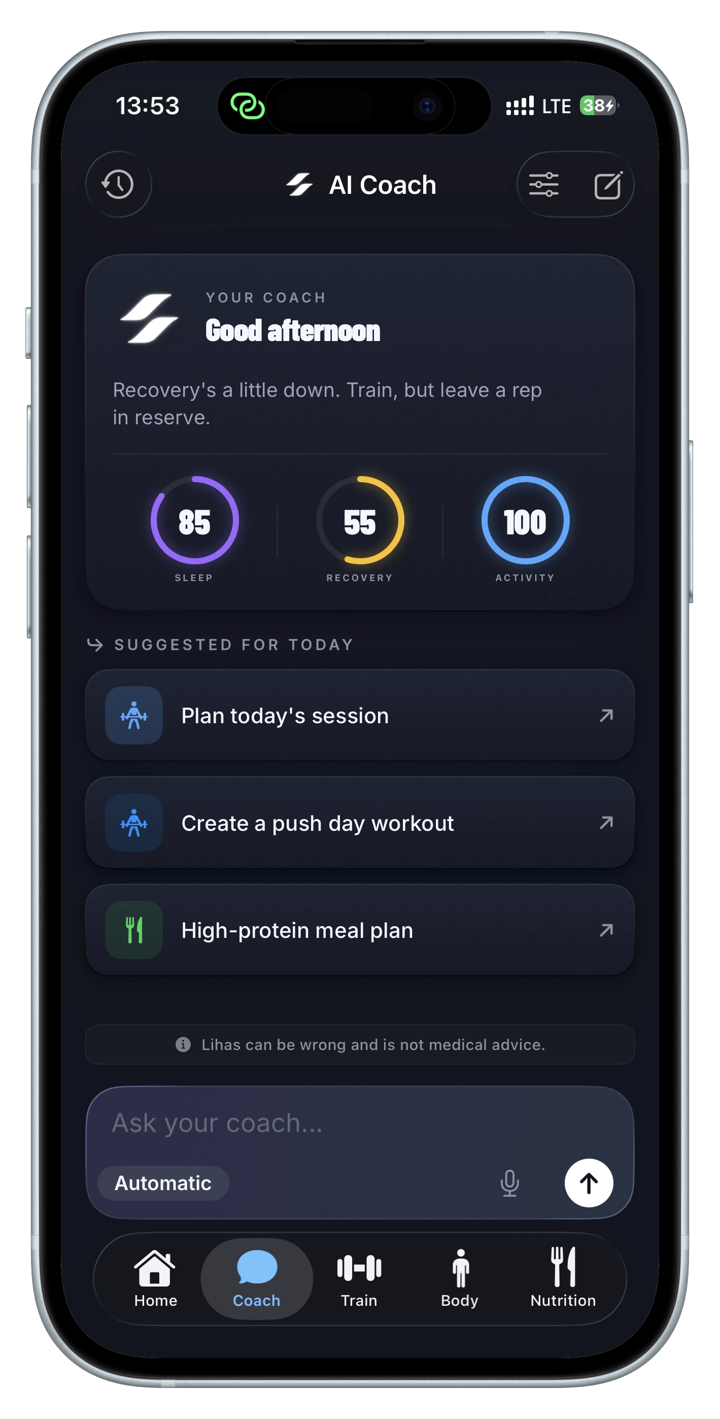 Lihas AI Coach showing readiness scores and suggested actions