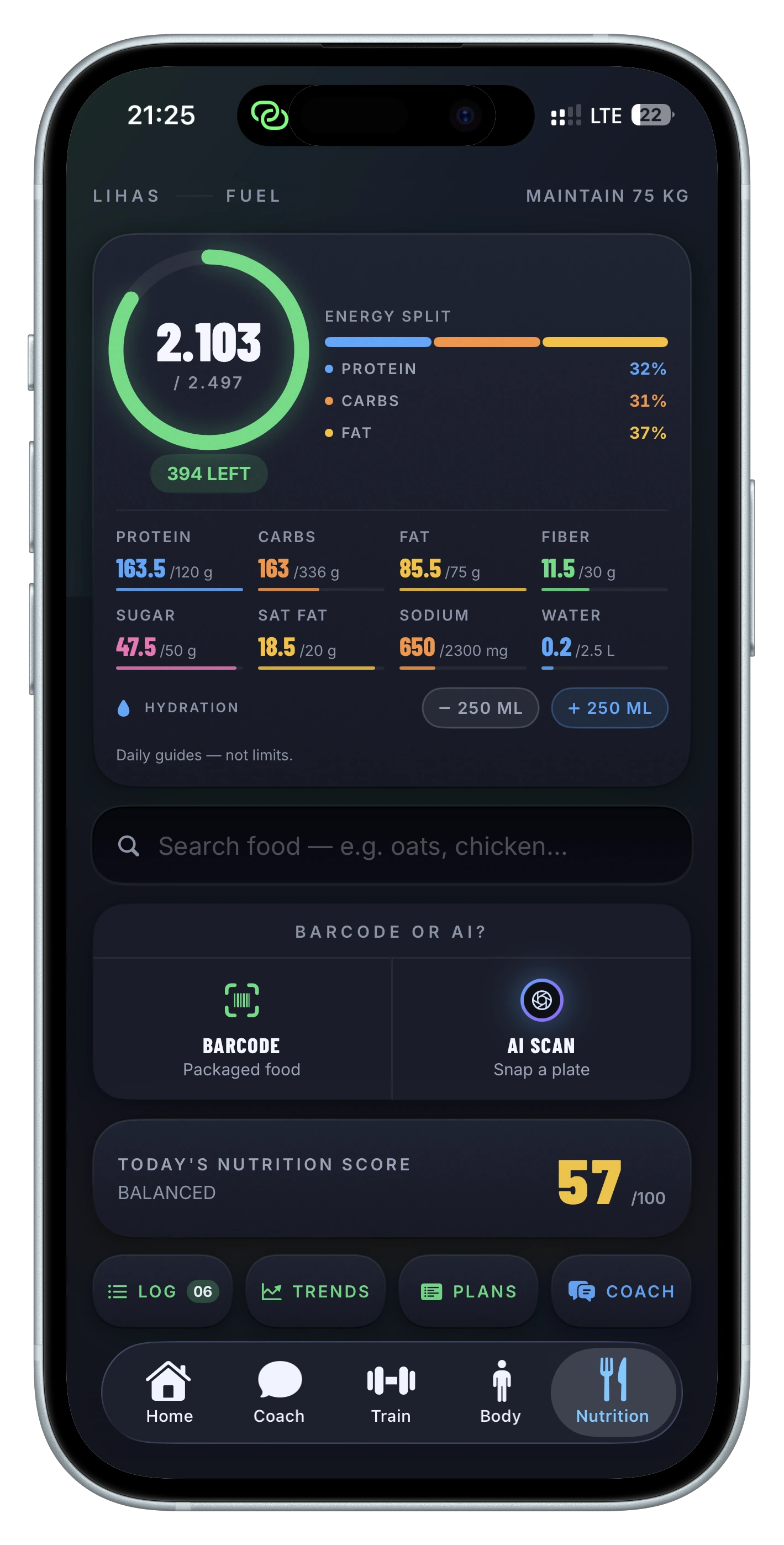 Lihas nutrition dashboard with daily energy, macros and nutrition score